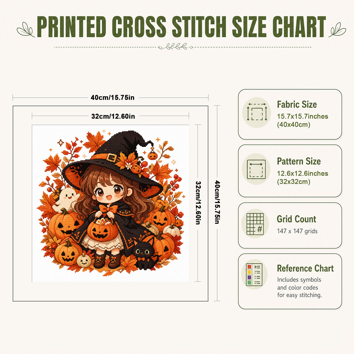 Little Witch - Full 11CT Stamped Cross Stitch 40x40CM - Huacan