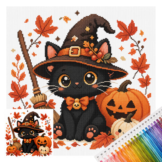 Hexenkatze - Vollständiges 11CT Stempel-Kreuzstich-Set 26x26CM - Huacan