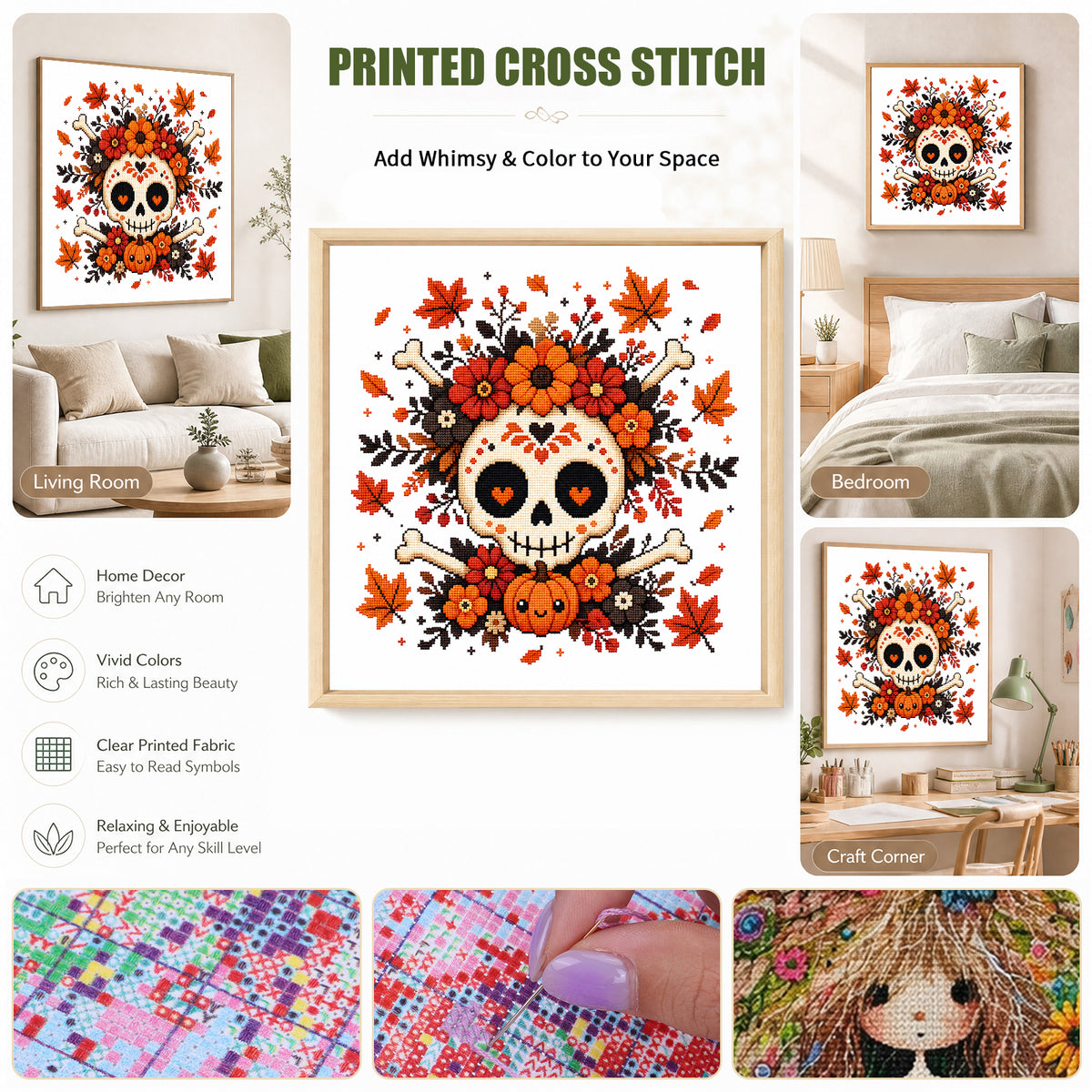 Skull Bloom - Full 11CT Stamped Cross Stitch 26x26CM - Huacan