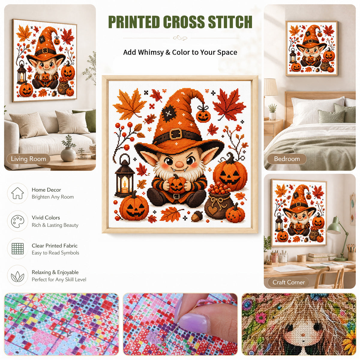 Halloween Gnome - Full 11CT Stamped Cross Stitch 26x26CM - Huacan
