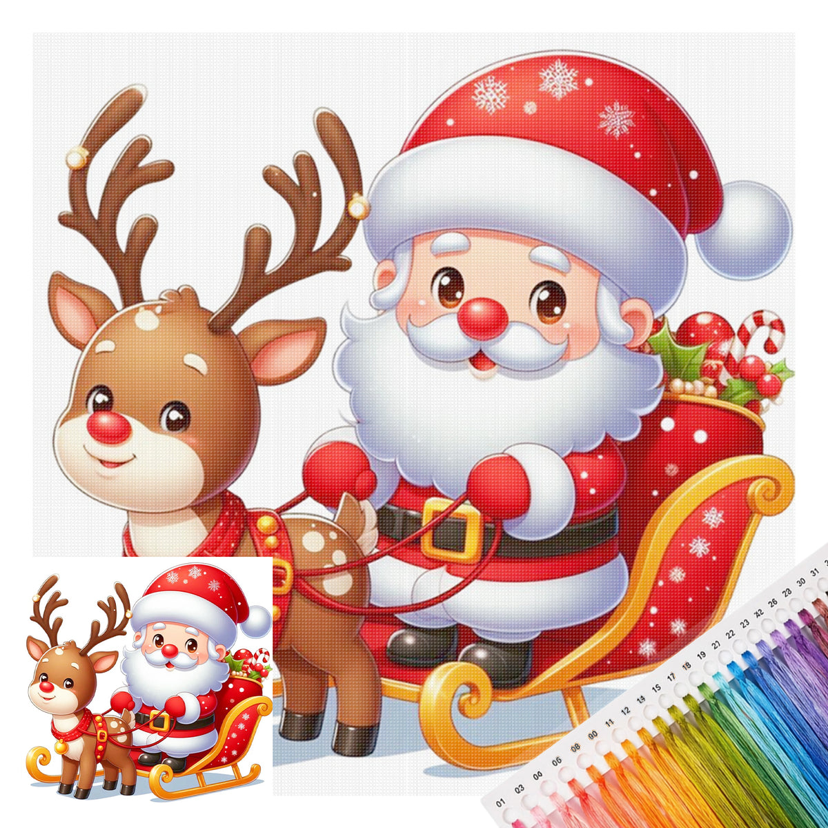 Weihnachtsmann mit Schlitten und Rentier - Komplettes 11CT gestempeltes Kreuzstich-Set 50x50CM - Huacan