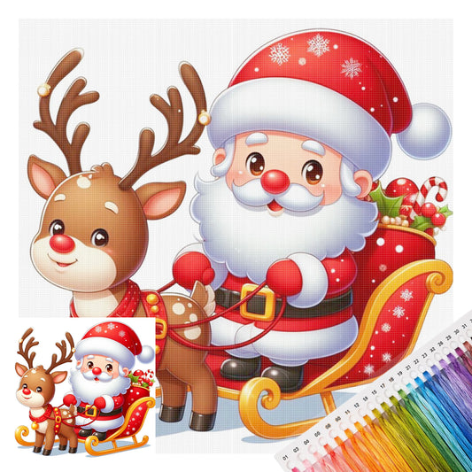 Weihnachtsmann mit Schlitten und Rentier - Komplettes 11CT gestempeltes Kreuzstich-Set 50x50CM - Huacan
