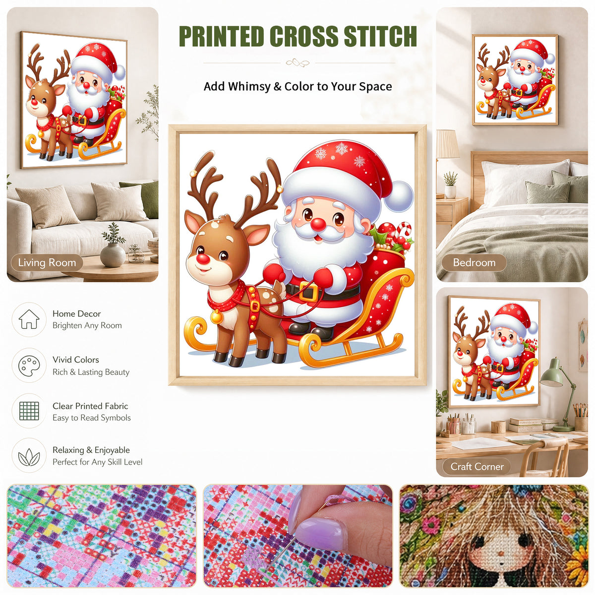 Weihnachtsmann mit Schlitten und Rentier - Komplettes 11CT gestempeltes Kreuzstich-Set 50x50CM - Huacan