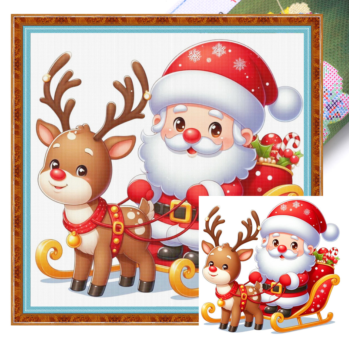 Weihnachtsmann mit Schlitten und Rentier - Komplettes 11CT gestempeltes Kreuzstich-Set 50x50CM - Huacan