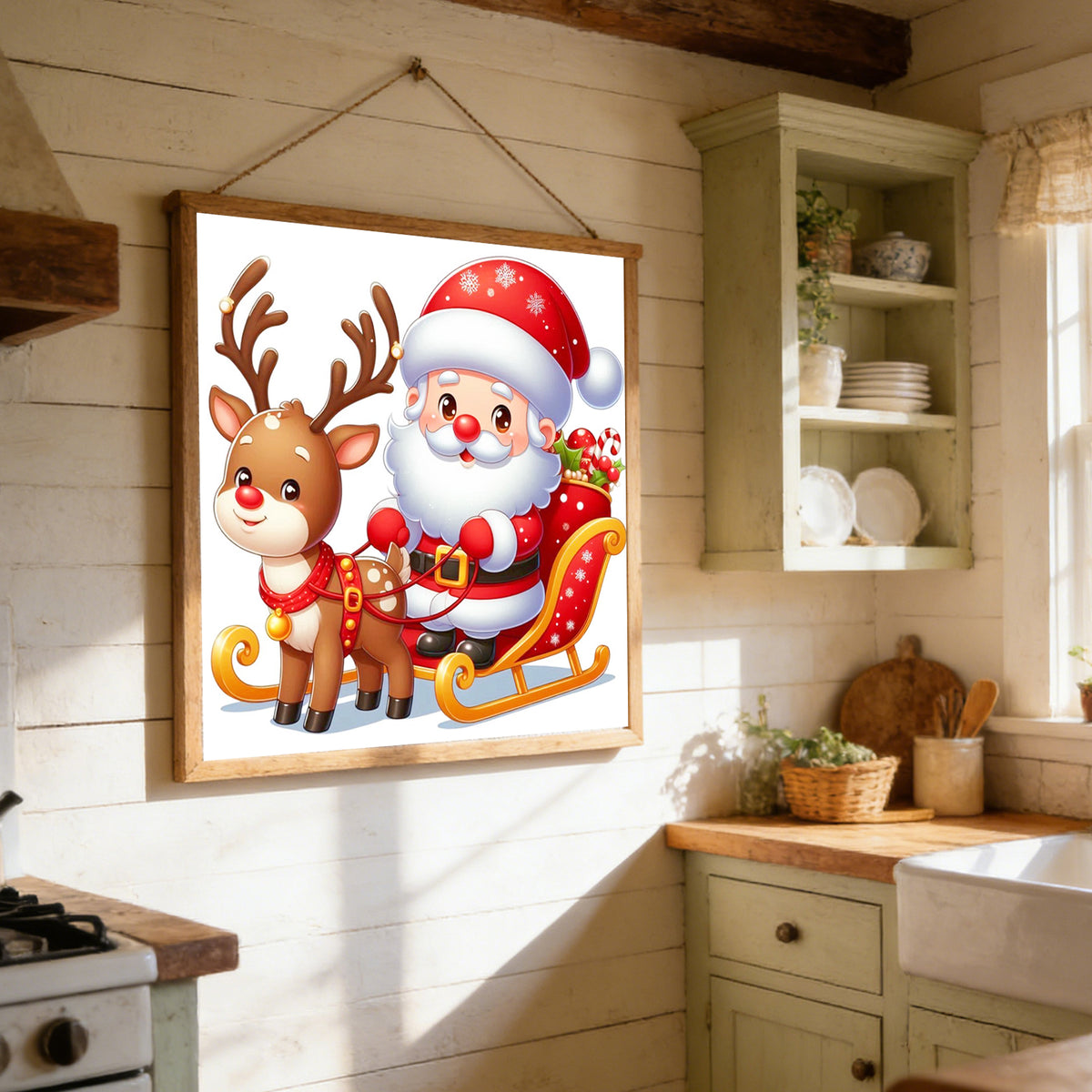 Weihnachtsmann mit Schlitten und Rentier - Komplettes 11CT gestempeltes Kreuzstich-Set 50x50CM - Huacan