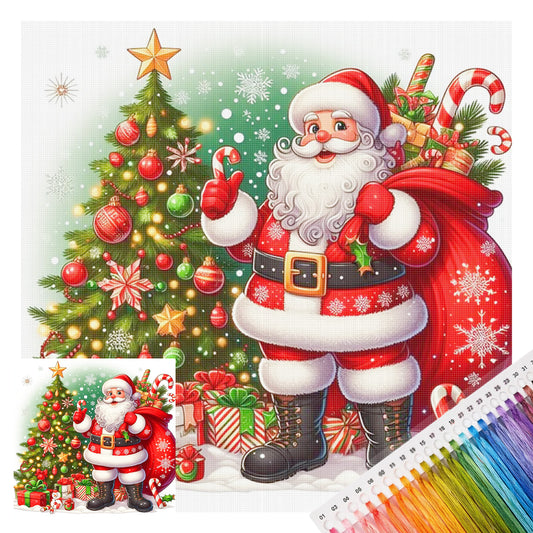Weihnachtsmann neben Weihnachtsbaum - Vollständiges 11CT Stempel-Kreuzstichset 50x50 cm - Huacan