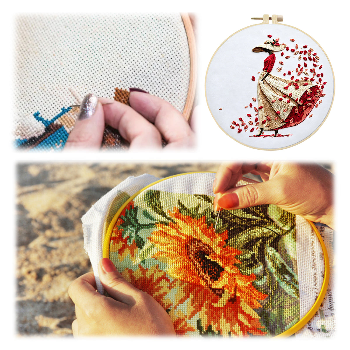 Petal Lady - DIY Embroidery Cross Stitch Kit with Pattern Cotton Threads Needles Hoop 30×30CM/11.81×11.81in