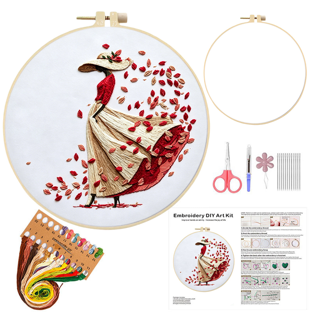 Petal Lady - DIY Embroidery Cross Stitch Kit with Pattern Cotton Threads Needles Hoop 30×30CM/11.81×11.81in