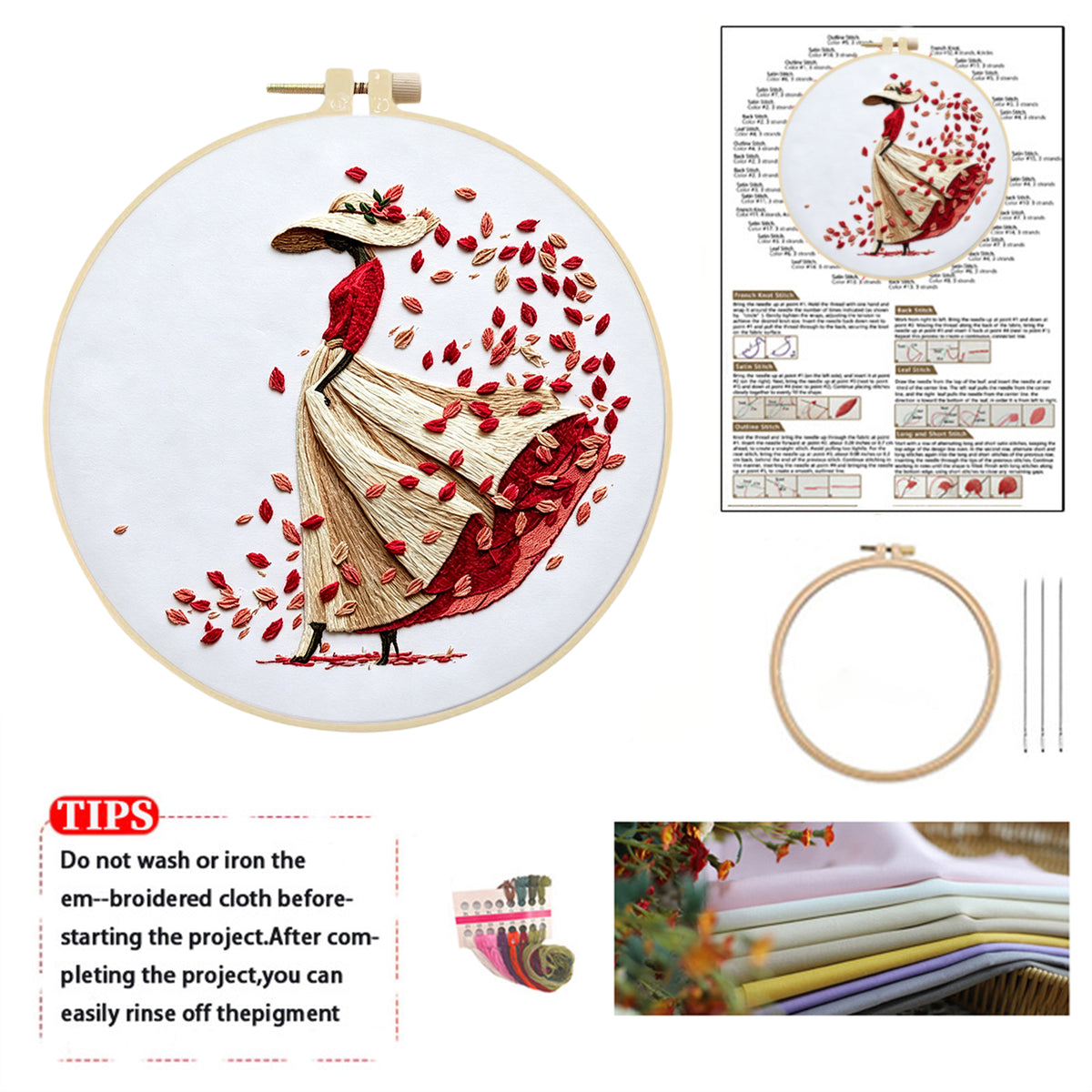 Petal Lady - DIY Embroidery Cross Stitch Kit with Pattern Cotton Threads Needles Hoop 30×30CM/11.81×11.81in