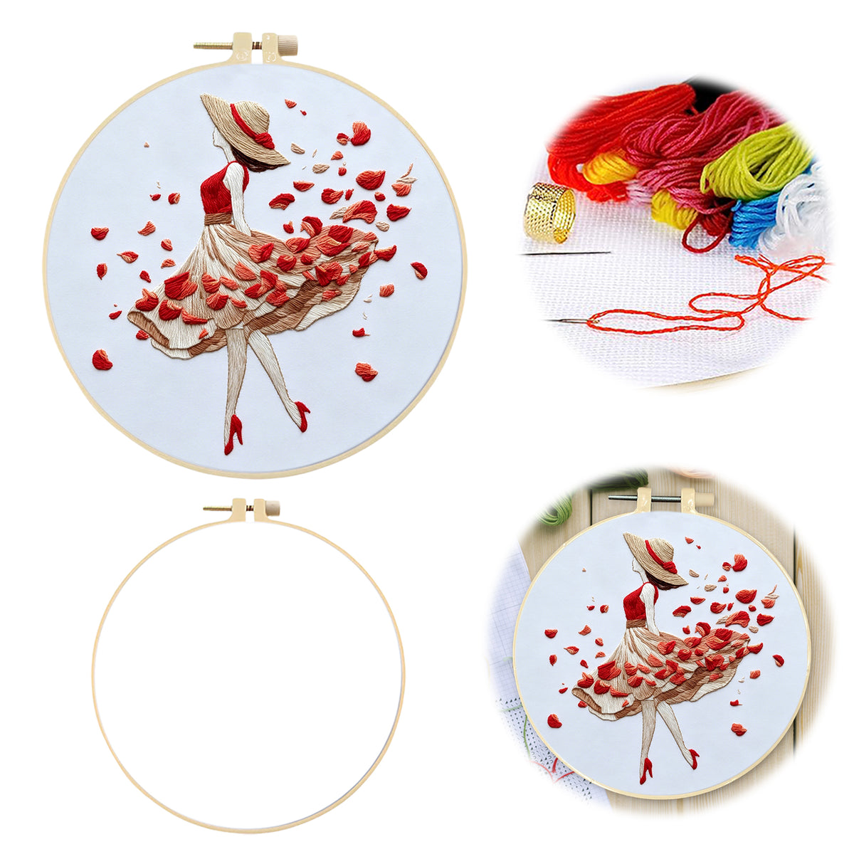 Rose Stroll - DIY Embroidery Cross Stitch Kit with Pattern Cotton Threads Needles Hoop 30×30CM/11.81×11.81in