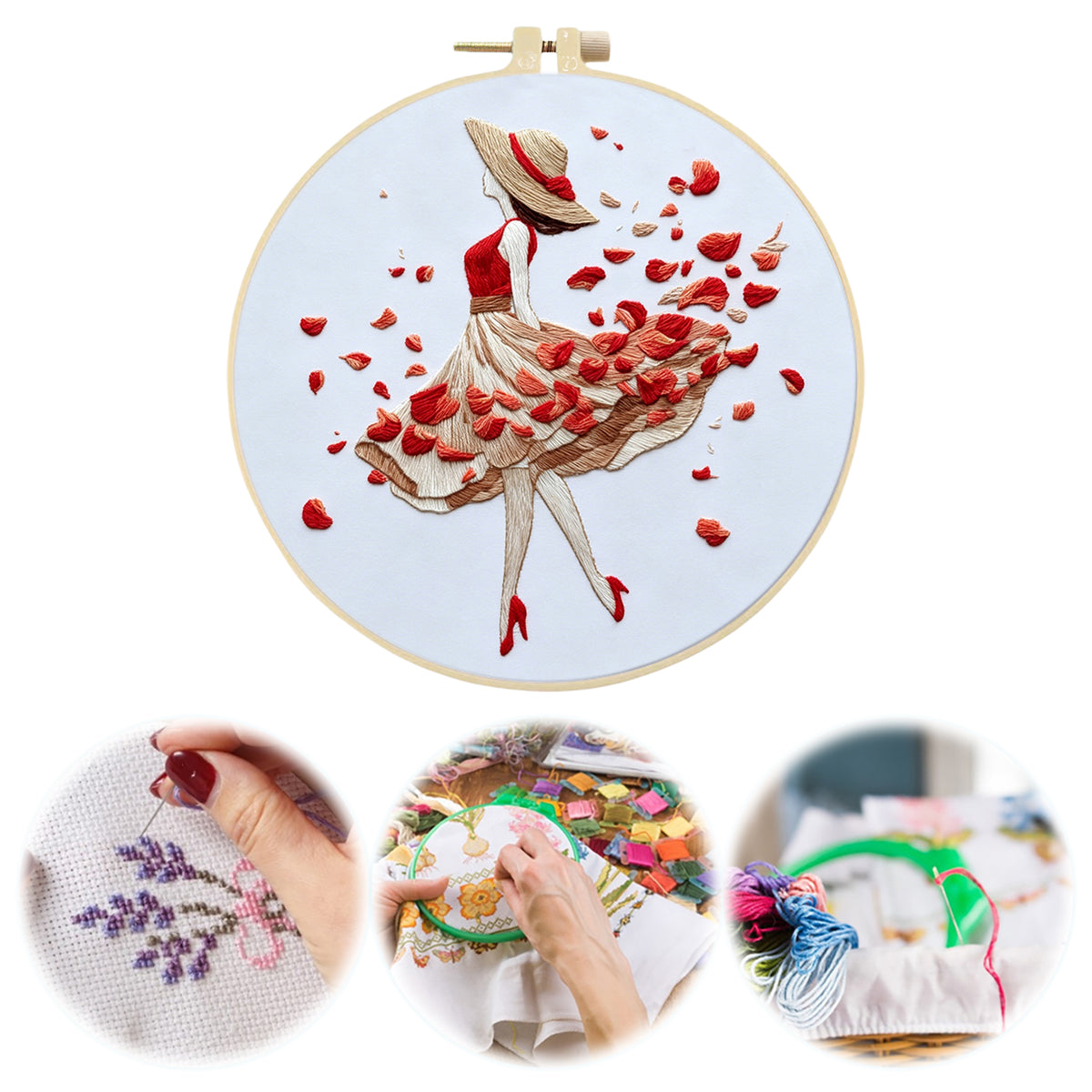Rose Stroll - DIY Embroidery Cross Stitch Kit with Pattern Cotton Threads Needles Hoop 30×30CM/11.81×11.81in