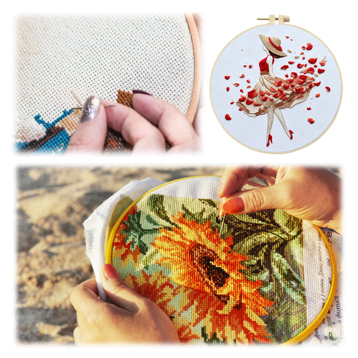 Rose Stroll - DIY Embroidery Cross Stitch Kit with Pattern Cotton Threads Needles Hoop 30×30CM/11.81×11.81in