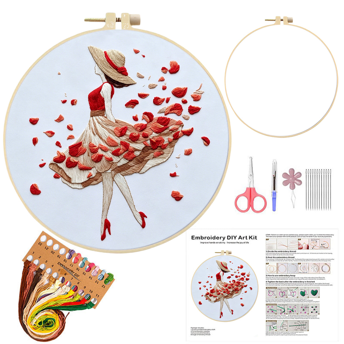 Rose Stroll - DIY Embroidery Cross Stitch Kit with Pattern Cotton Threads Needles Hoop 30×30CM/11.81×11.81in