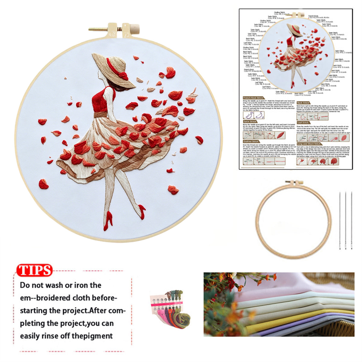 Rose Stroll - DIY Embroidery Cross Stitch Kit with Pattern Cotton Threads Needles Hoop 30×30CM/11.81×11.81in