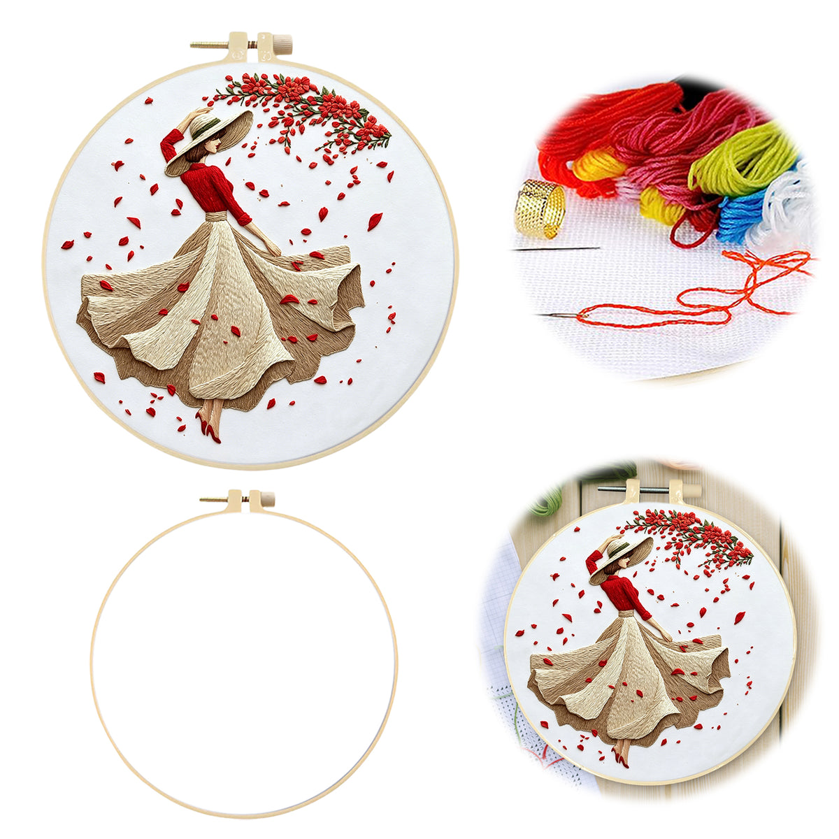 Floral Belle - DIY Embroidery Cross Stitch Kit with Pattern Cotton Threads Needles Hoop 30×30CM/11.81×11.81in