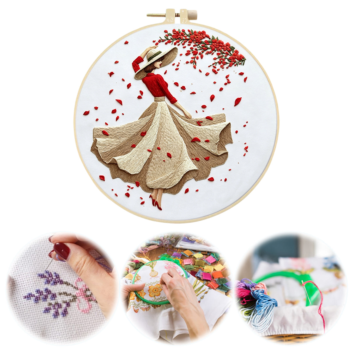 Floral Belle - DIY Embroidery Cross Stitch Kit with Pattern Cotton Threads Needles Hoop 30×30CM/11.81×11.81in