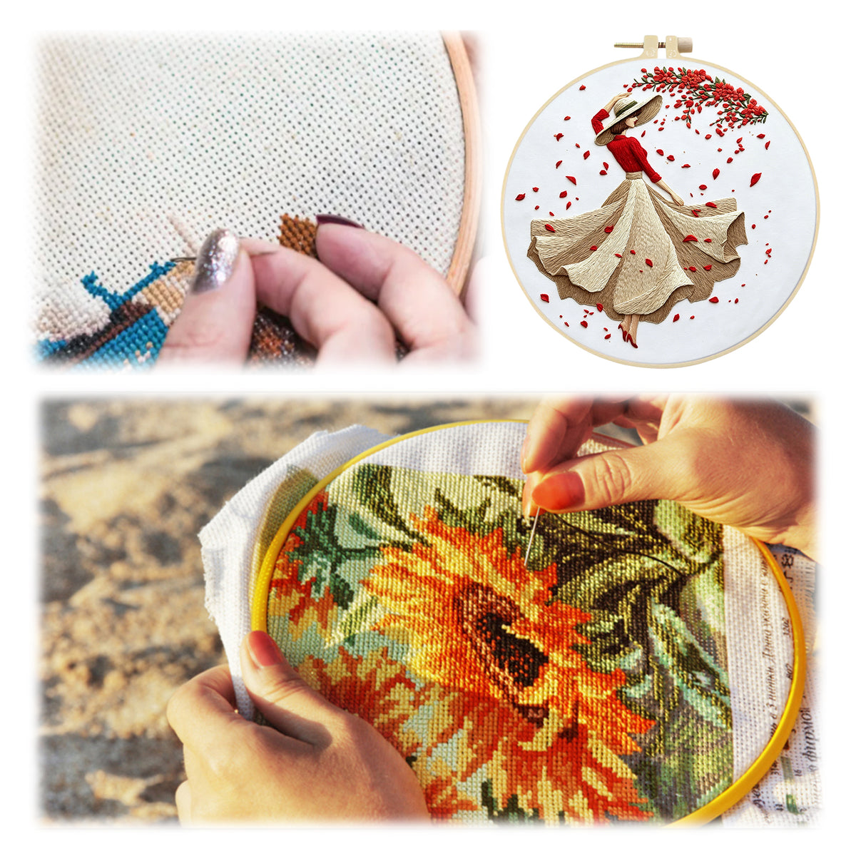 Floral Belle - DIY Embroidery Cross Stitch Kit with Pattern Cotton Threads Needles Hoop 30×30CM/11.81×11.81in