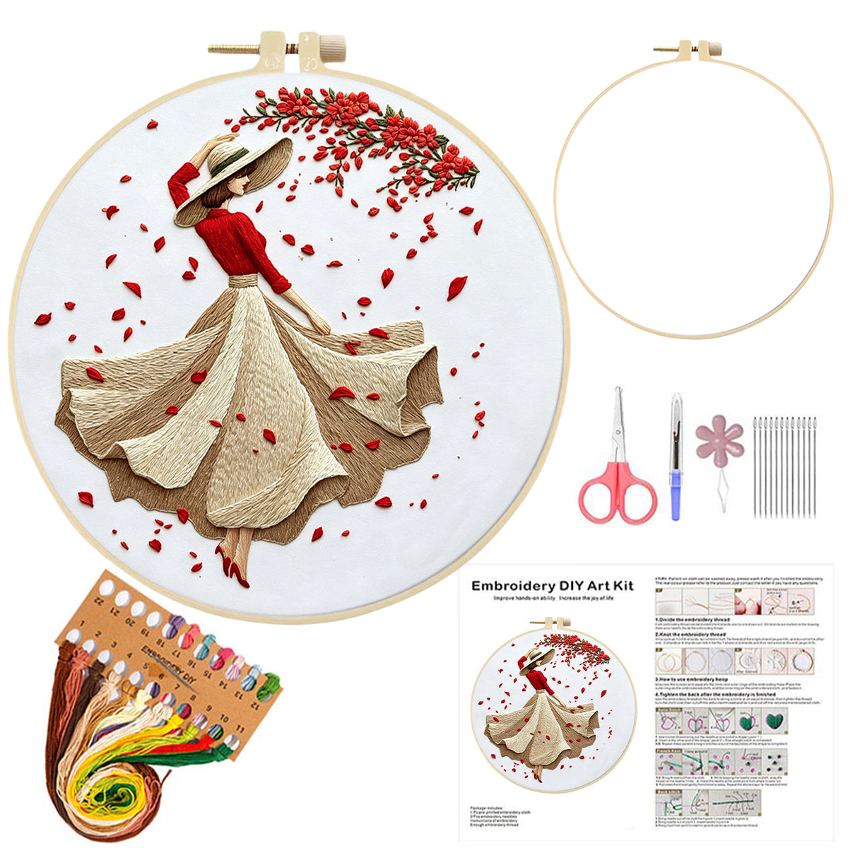 Floral Belle - DIY Embroidery Cross Stitch Kit with Pattern Cotton Threads Needles Hoop 30×30CM/11.81×11.81in