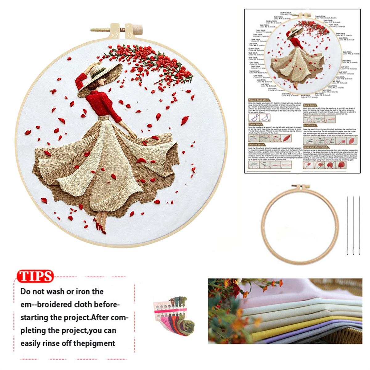 Floral Belle - DIY Embroidery Cross Stitch Kit with Pattern Cotton Threads Needles Hoop 30×30CM/11.81×11.81in