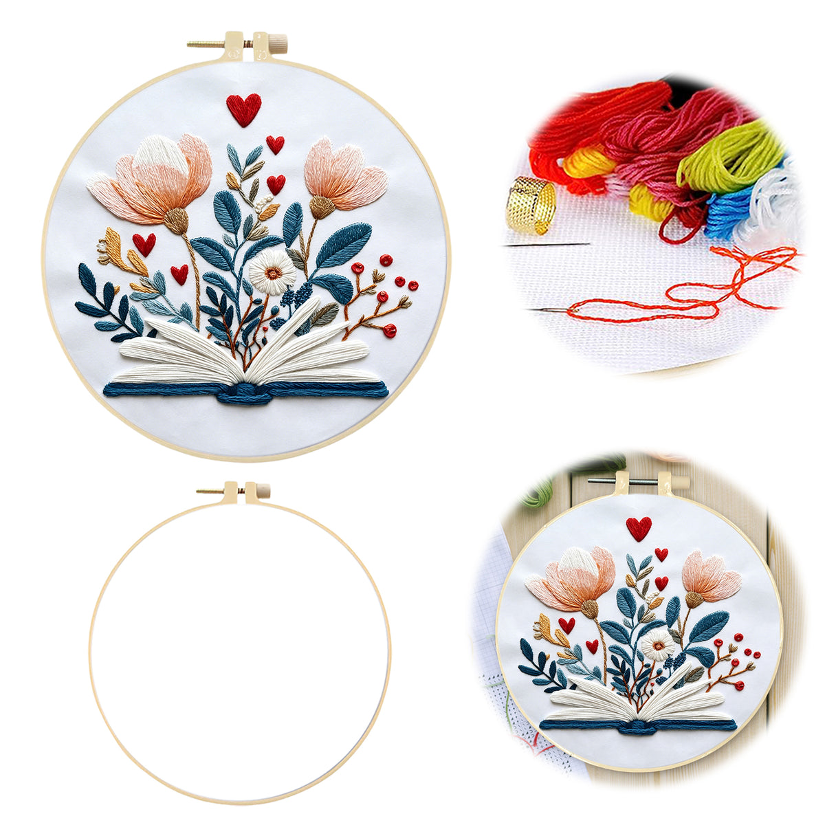 Page Petals - DIY Embroidery Cross Stitch Kit with Pattern Cotton Threads Needles Hoop 30×30CM/11.81×11.81in