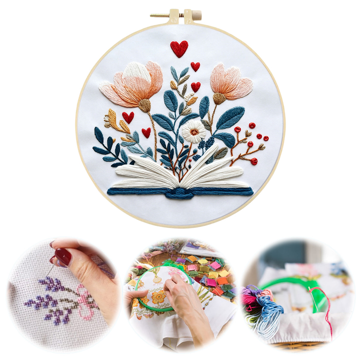 Page Petals - DIY Embroidery Cross Stitch Kit with Pattern Cotton Threads Needles Hoop 30×30CM/11.81×11.81in