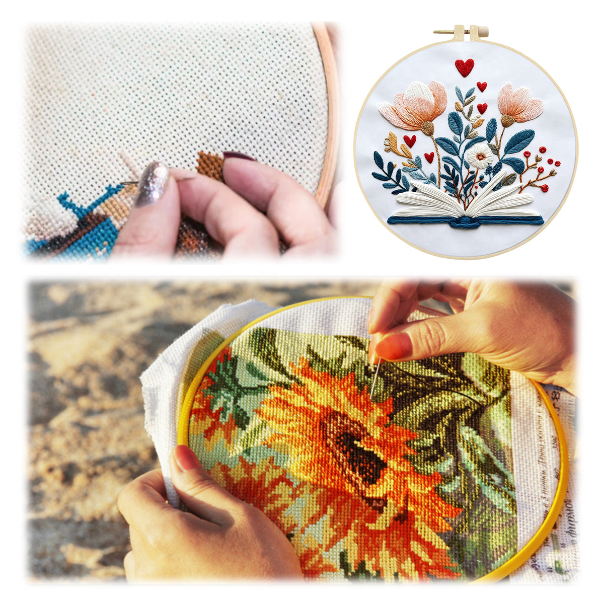 Page Petals - DIY Embroidery Cross Stitch Kit with Pattern Cotton Threads Needles Hoop 30×30CM/11.81×11.81in