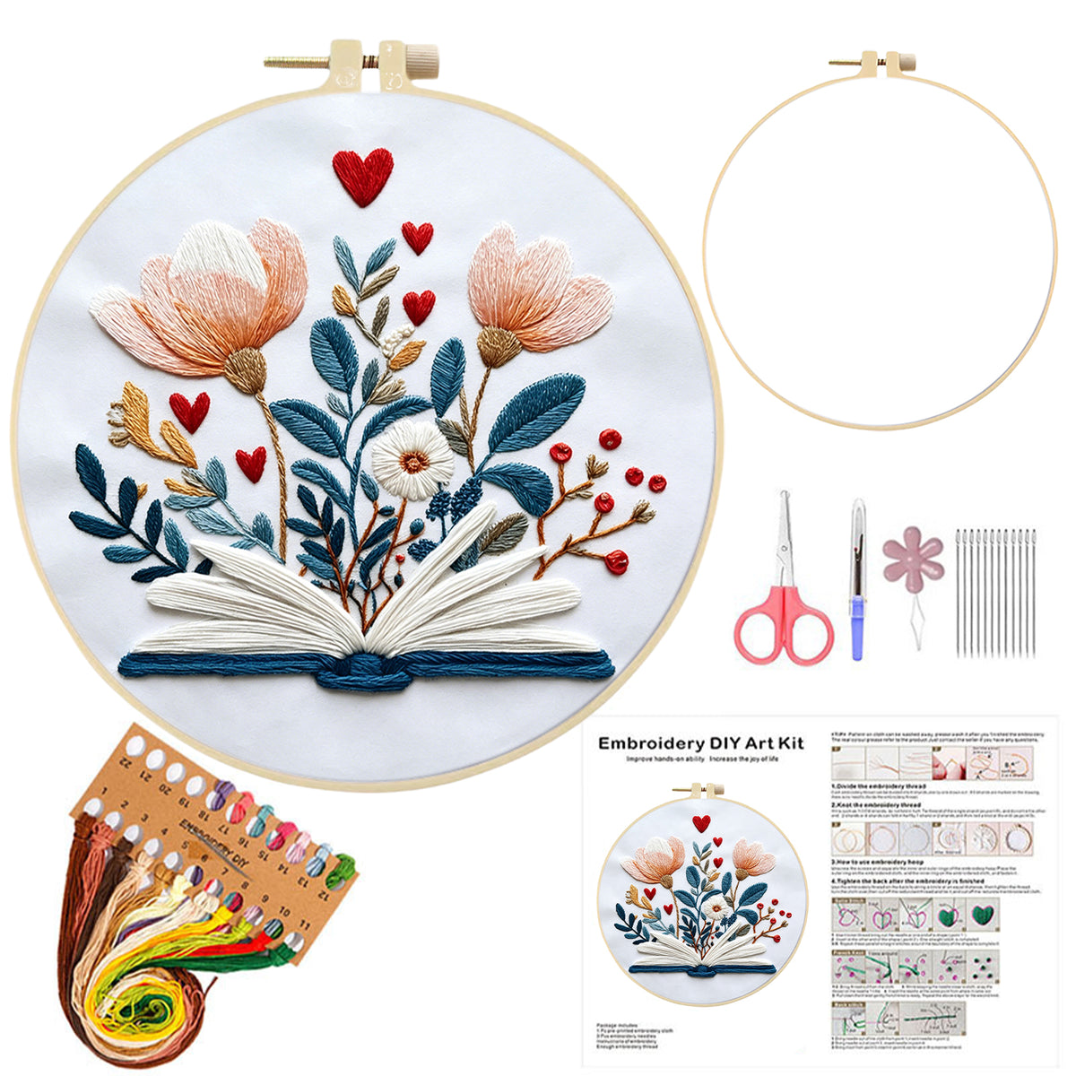 Page Petals - DIY Embroidery Cross Stitch Kit with Pattern Cotton Threads Needles Hoop 30×30CM/11.81×11.81in