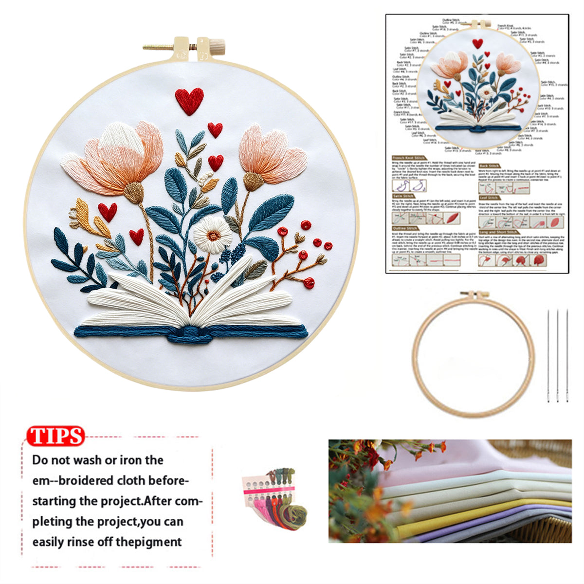 Page Petals - DIY Embroidery Cross Stitch Kit with Pattern Cotton Threads Needles Hoop 30×30CM/11.81×11.81in
