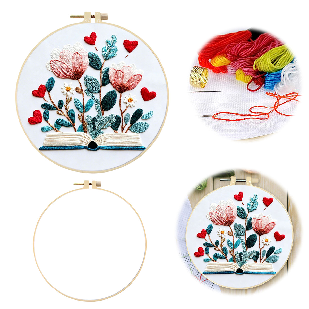 Heart Blossom - DIY Embroidery Cross Stitch Kit with Pattern Cotton Threads Needles Hoop 30×30CM/11.81×11.81in