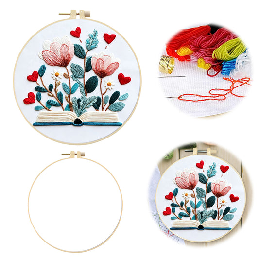Herzblüte - DIY-Stickset für Kreuzstich mit Vorlage, Baumwollgarnen, Nadeln und Stickrahmen 30×30 cm