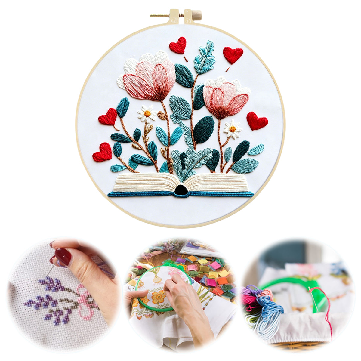 Heart Blossom - DIY Embroidery Cross Stitch Kit with Pattern Cotton Threads Needles Hoop 30×30CM/11.81×11.81in