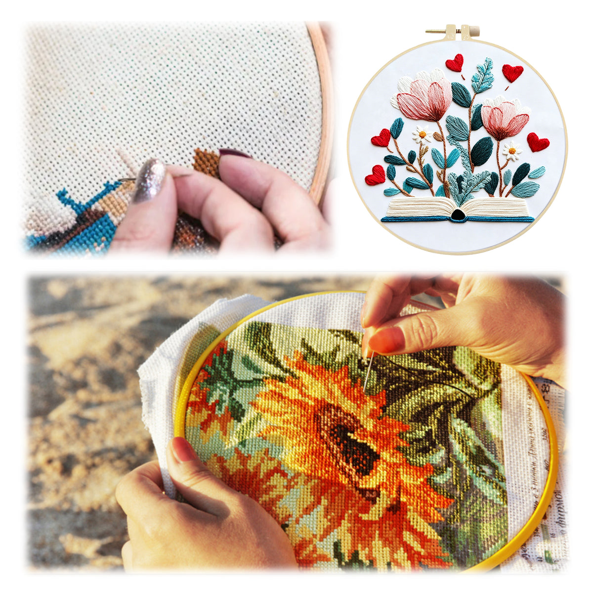 Heart Blossom - DIY Embroidery Cross Stitch Kit with Pattern Cotton Threads Needles Hoop 30×30CM/11.81×11.81in