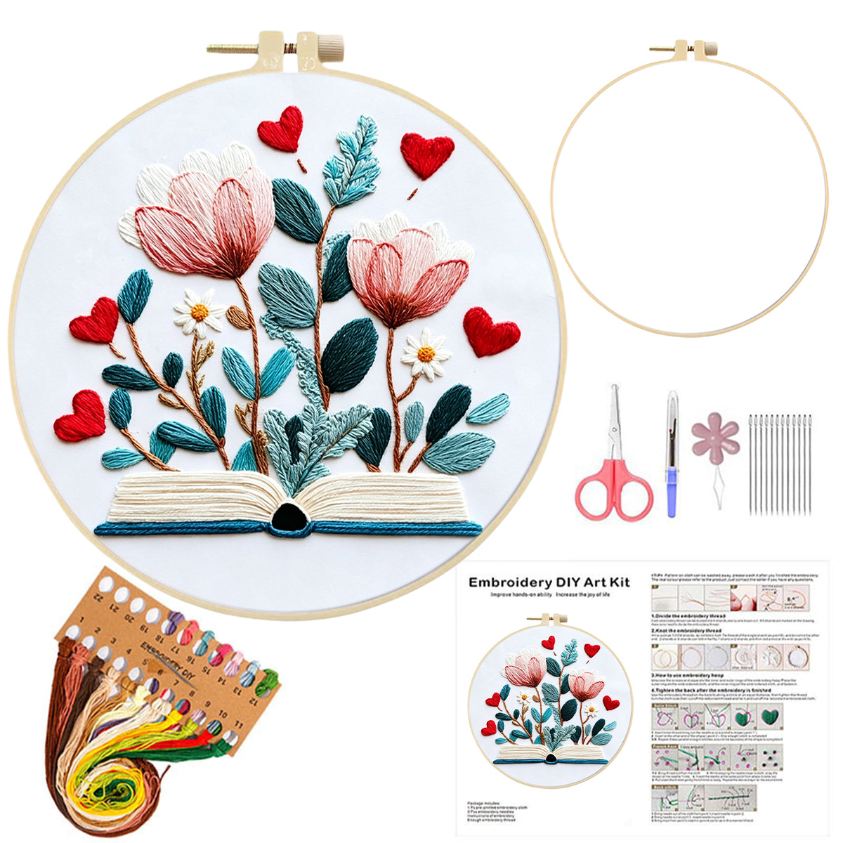 Heart Blossom - DIY Embroidery Cross Stitch Kit with Pattern Cotton Threads Needles Hoop 30×30CM/11.81×11.81in