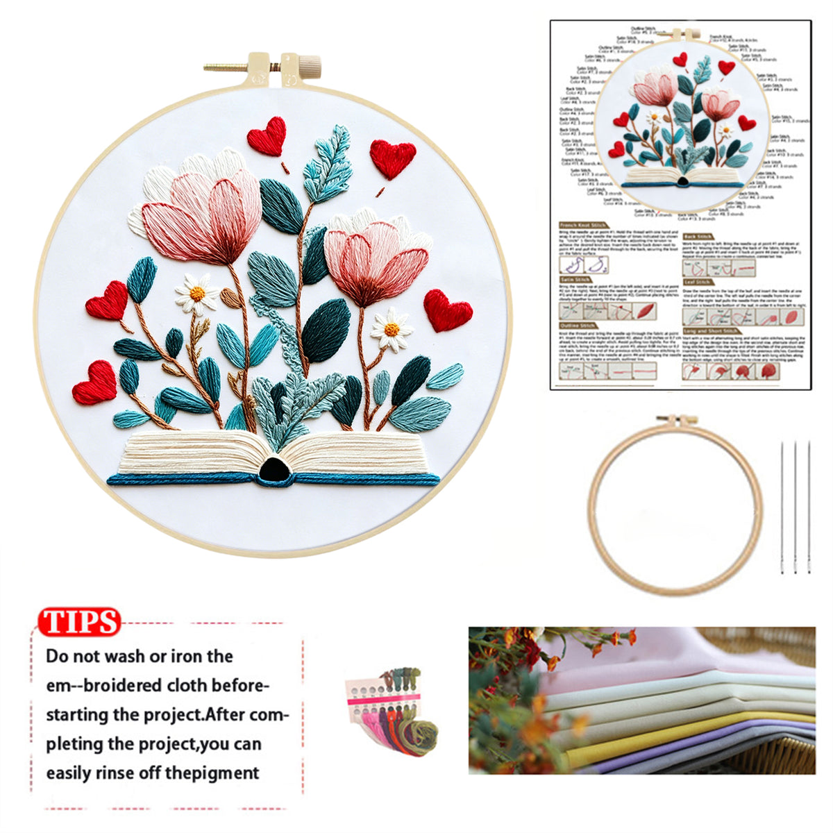 Heart Blossom - DIY Embroidery Cross Stitch Kit with Pattern Cotton Threads Needles Hoop 30×30CM/11.81×11.81in