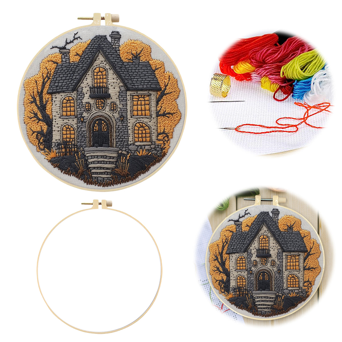 Autumn Manor - DIY Embroidery Cross Stitch Kit with Pattern Cotton Threads Needles Hoop 30×30CM/11.81×11.81in