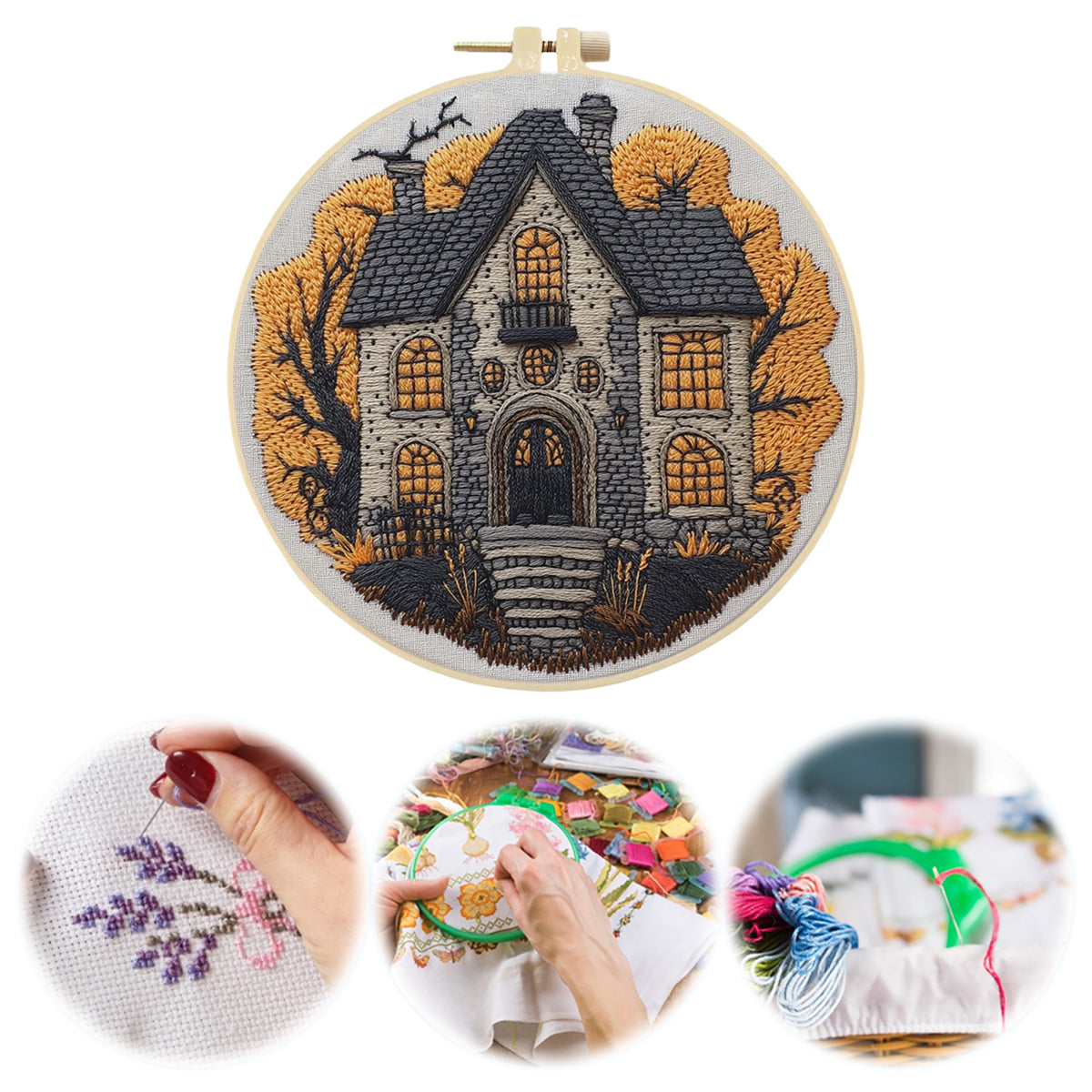 Autumn Manor - DIY Embroidery Cross Stitch Kit with Pattern Cotton Threads Needles Hoop 30×30CM/11.81×11.81in