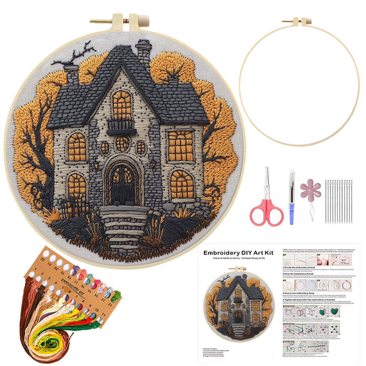 Autumn Manor - DIY Embroidery Cross Stitch Kit with Pattern Cotton Threads Needles Hoop 30×30CM/11.81×11.81in