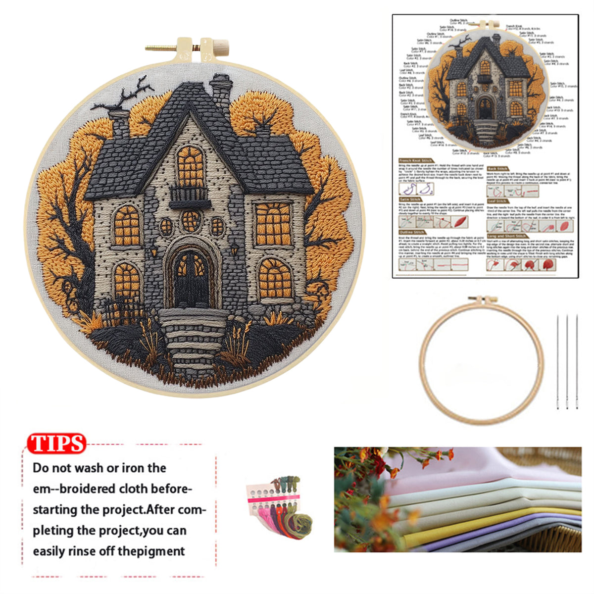Autumn Manor - DIY Embroidery Cross Stitch Kit with Pattern Cotton Threads Needles Hoop 30×30CM/11.81×11.81in