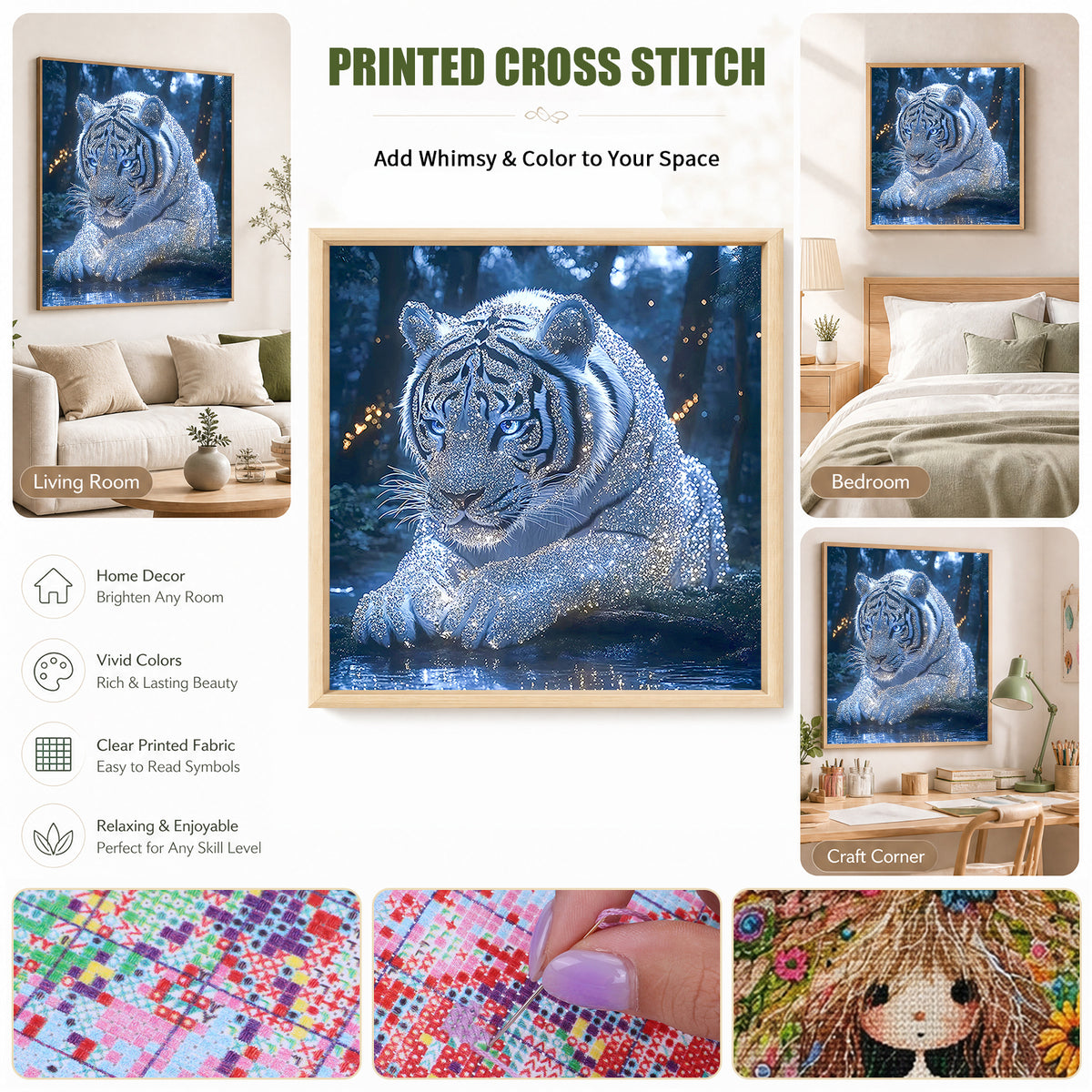 White Tiger - Full 14CT Stamped Cross Stitch 40x40CM - Huacan