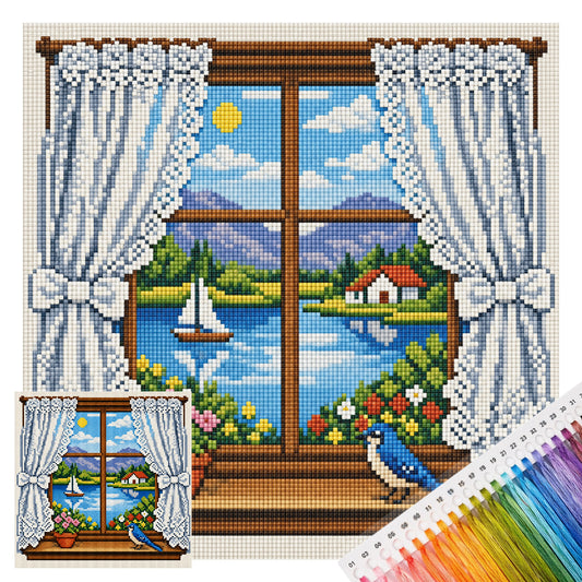 Fenster zum See – Vollständiges 14CT Stanz-Kreuzstich-Set 30x30 cm – Huacan