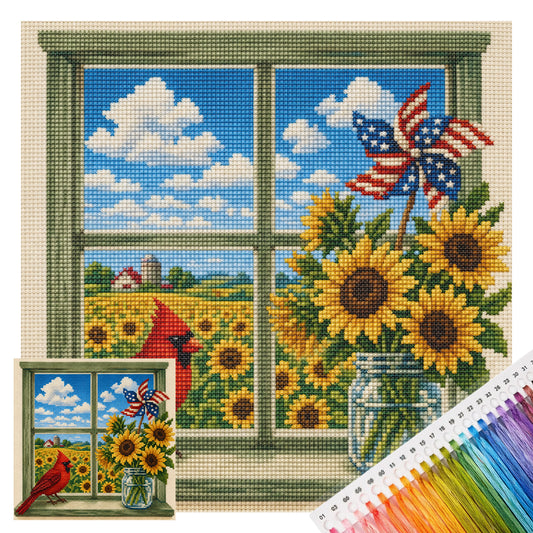 Sonnenblumenfenster - Vollständiges 14CT gestempeltes Kreuzstich-Set 30x30CM - Huacan