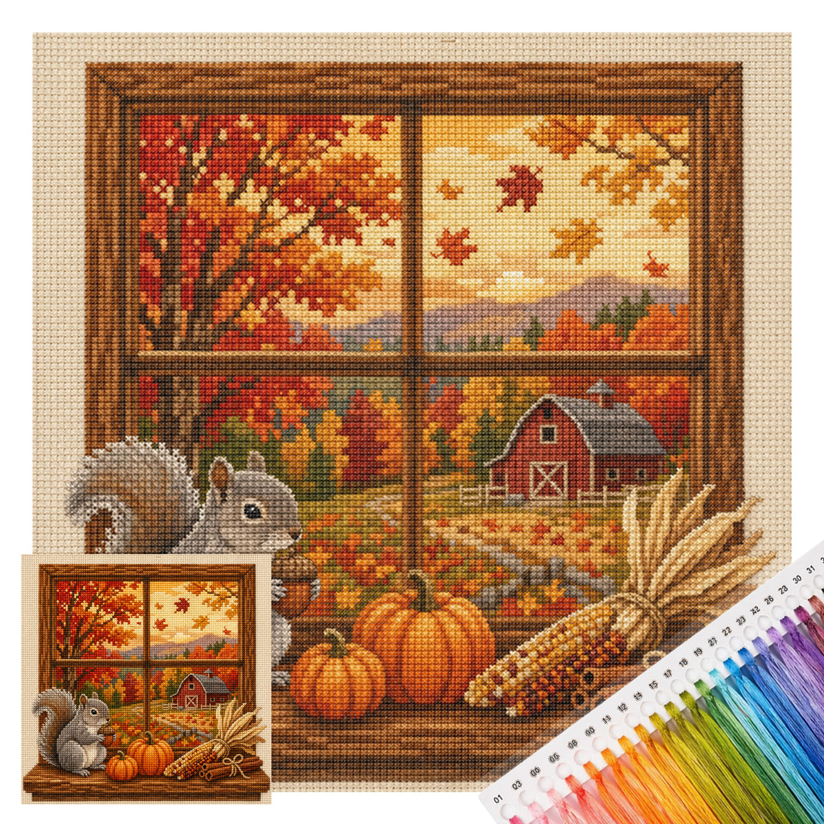 Autumn Squirrel - Full 14CT Stamped Cross Stitch 30x30CM - Huacan