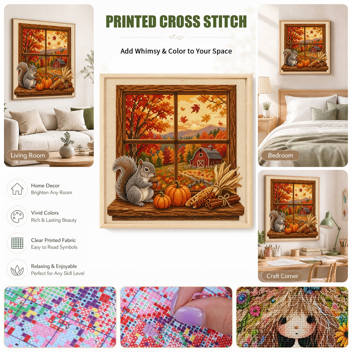 Autumn Squirrel - Full 14CT Stamped Cross Stitch 30x30CM - Huacan