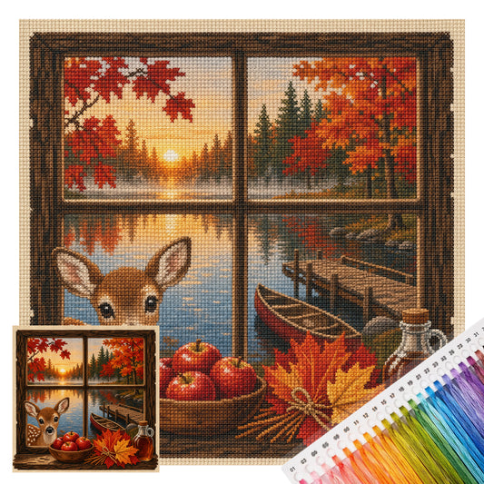 Hirsch-Fenster – Vollständiges 14CT-Stempel-Kreuzstich-Set 30x30CM – Huacan