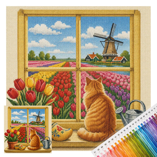Tulpen-Katze - Vollständiges 14CT gestempeltes Kreuzstich-Set 30x30CM - Huacan