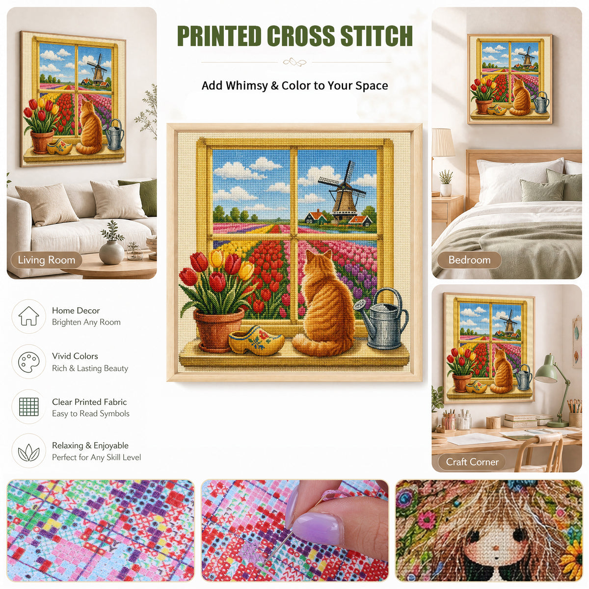 Tulip Cat - Full 14CT Stamped Cross Stitch 30x30CM - Huacan