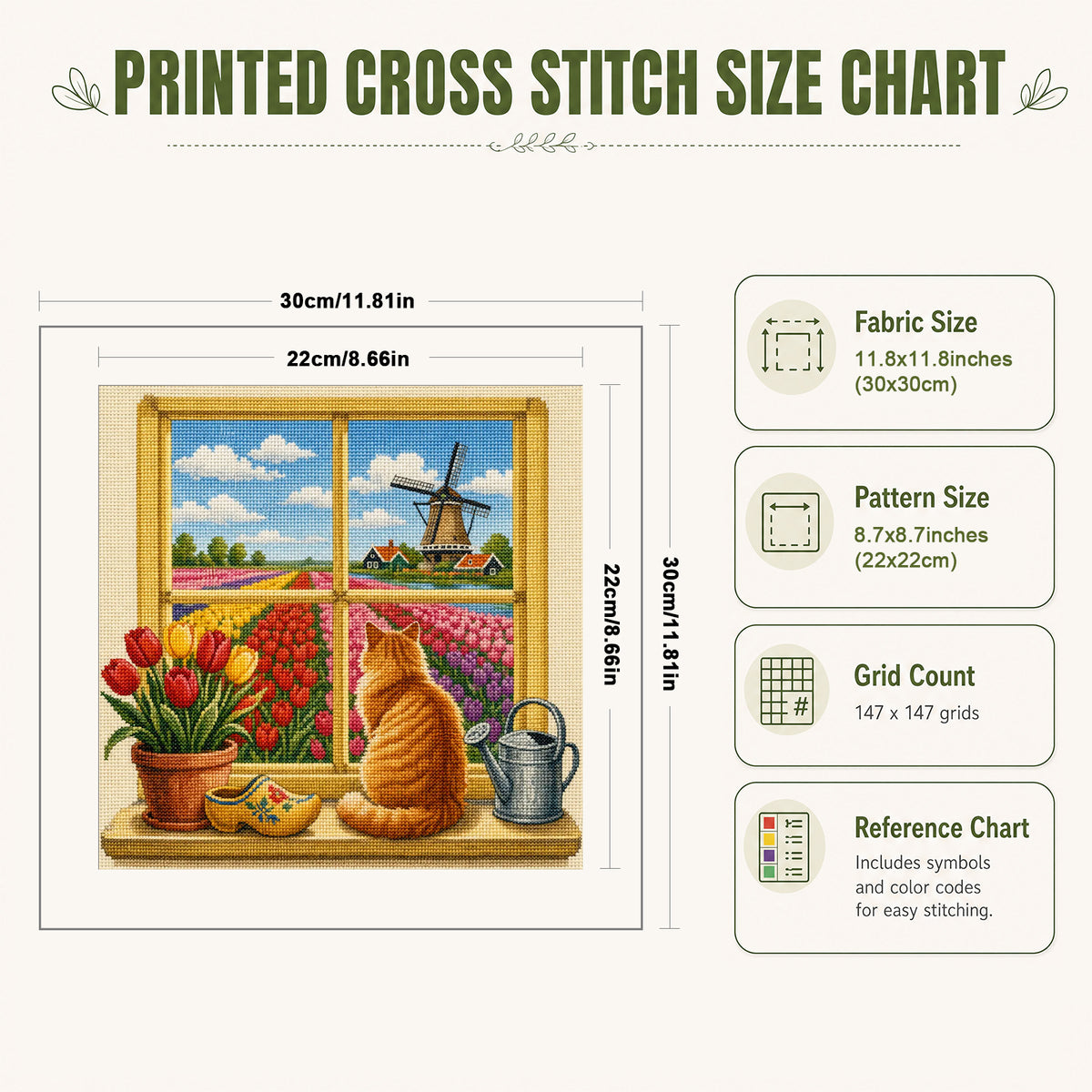 Tulip Cat - Full 14CT Stamped Cross Stitch 30x30CM - Huacan