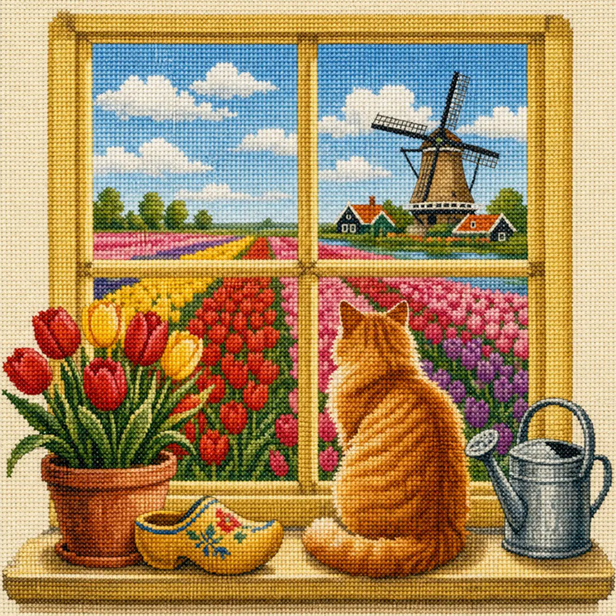 Tulip Cat - Full 14CT Stamped Cross Stitch 30x30CM - Huacan