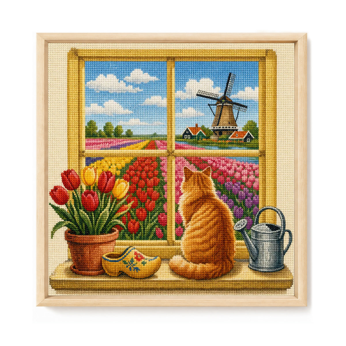 Tulip Cat - Full 14CT Stamped Cross Stitch 30x30CM - Huacan