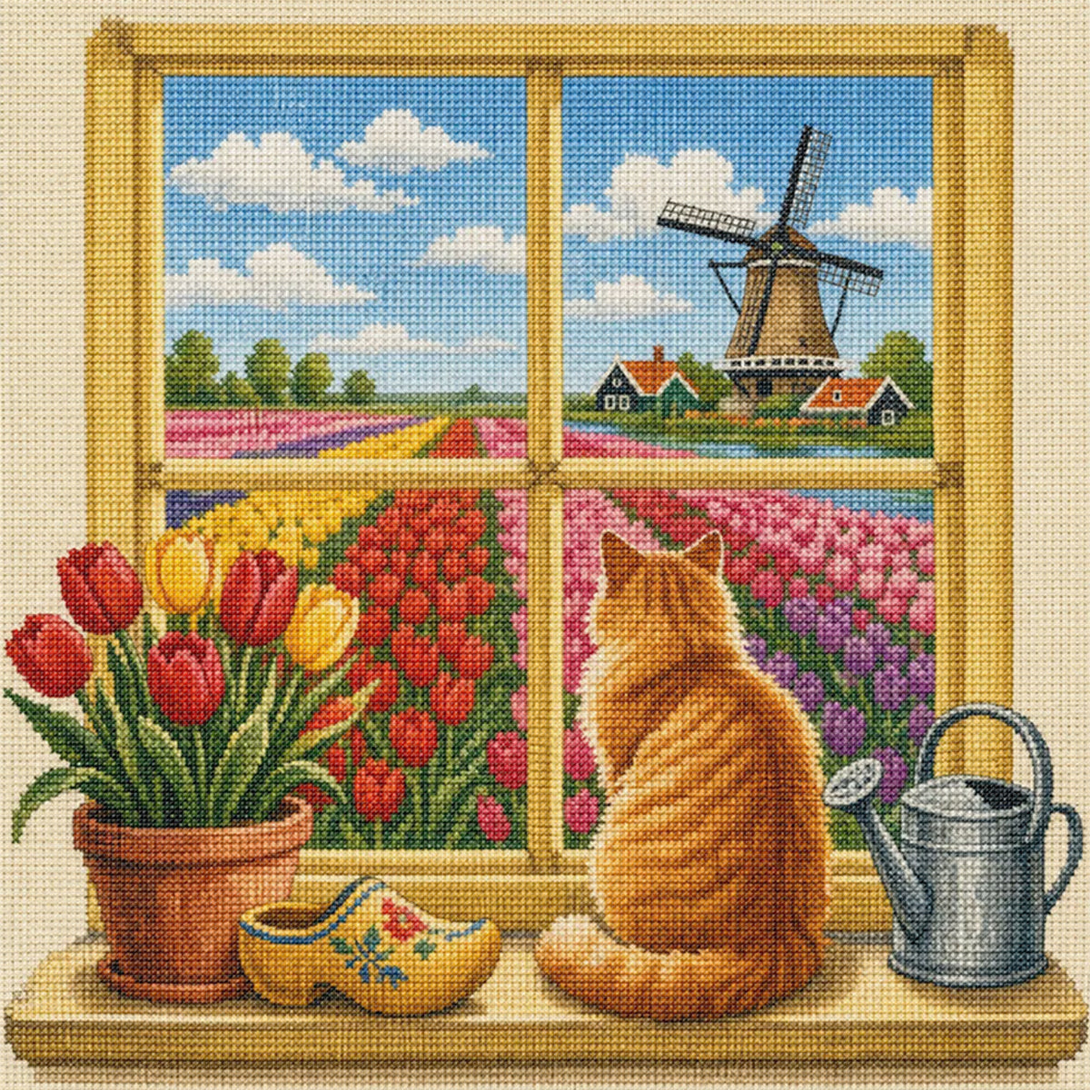 Tulip Cat - Full 14CT Stamped Cross Stitch 30x30CM - Huacan